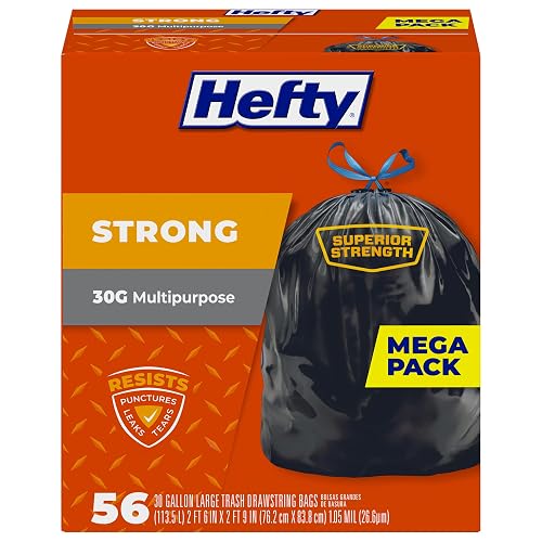 Hefty Strong 30 Gallon Trash Bags, Large Trash Bags 30 Gallon Size, Durable Drawstring Enclosure, Resists Punctures, Leaks, and Tears, Black, Unscented, 56 Bags