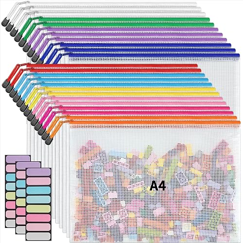 JARLINK A4 Mesh Zipper Pouch Bags, 24 Pcs Waterproof Zipper Pouch Bags | Multi-use Mesh Bags for Board Games & Puzzles, Office School Supplies, Toys, Cosmetics Travel Storage, 10 Colors, Lettle Size