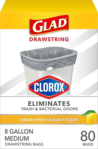 Glad Medium Trash Bags, 8 Gallon, Lemon Fresh Bleach Garbage Bags, Resists Bacterial Odors with Drawstring, 80 Count
