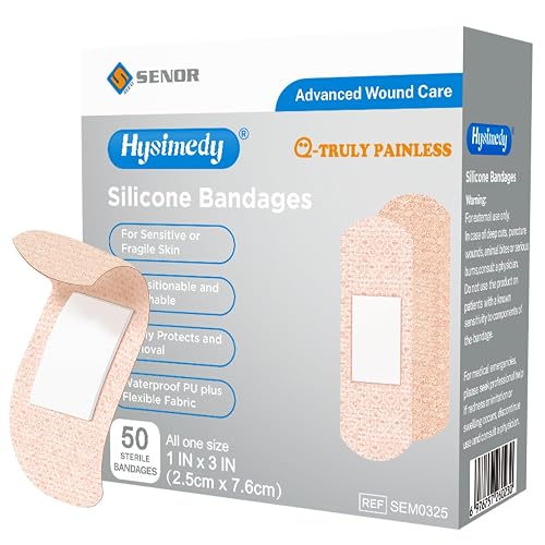 Hysimedy Silicone Bandages for Sensitive Skin 1x3 Inch Painless Removal | 50 Counts Latex Free Hypoallergenic Breathable Long-lasting Easy Remove Small Adhesive Bandages for Wounds Geriatric Children