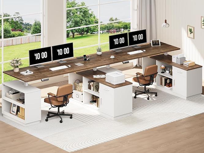 RALGEND 2 Pack L Shaped Standing Desk with Storage Drawer for Home Office | Height Adjustable Executive Desk, Farmhouse L Shaped Desk with Cabinet, Corner Computer Desk with Power Outlets, White Walnut