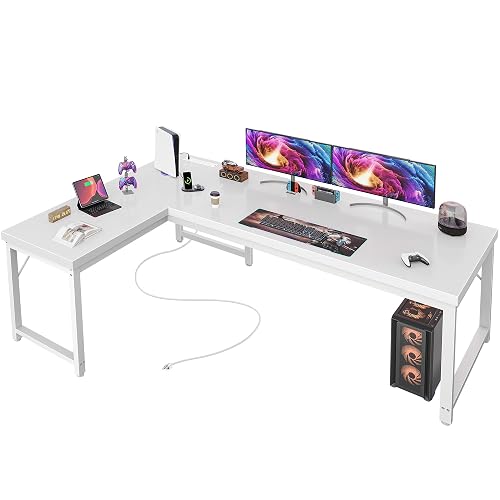 Huuger 63 Inch L Shaped Desk with Power Outlets & 0.95 Inch Thicker Desktop | Reversible Computer Desk, Larger Office Corner Gaming Desk, Metal Frame, for Home Office, Study, White