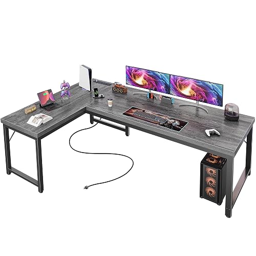 Huuger 63 Inch L Shaped Desk with Power Outlets & 0.95 Inch Thicker Desktop | Reversible Computer Desk, Larger Office Corner Gaming Desk, Metal Frame, for Home Office, Study, Grey