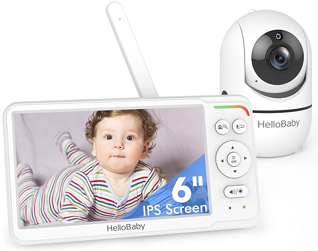 HelloBaby 6'' No WiFi Video Baby Monitor with Camera Audio, 30H Battery | World's First 6" IPS Screen, Private No-WiFi, Pan Tilt Zoom, Night Vision, 1000ft, Easy Setup, 2-Way Talk, VOX, Portable, Mom