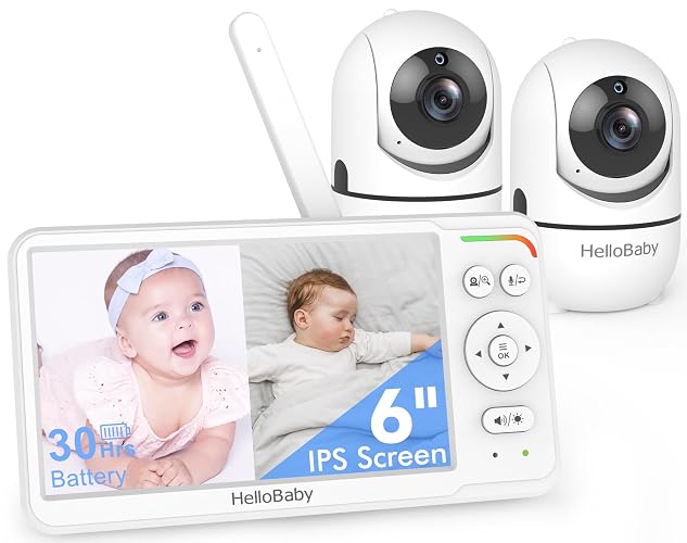 HelloBaby No WiFi Baby Monitor 2 Cameras, 6" Split Screen 30H Battery | World's First 6" IPS Screen, 2-Room Monitoring Twins, 2-Way Audio, 1000ft Range, PTZ, Night Vision, VOX, ECO, Dual Cams, Safe