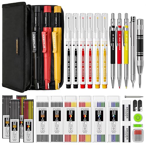 STAGEEK 38 Pack Carpenter Pencils Set With 108 Refills | Construction Pencil, Deep Hole Long-Nib Marker Pens, Automatic Center Punch and Carbide Scribe Tool for Woodworking with Case