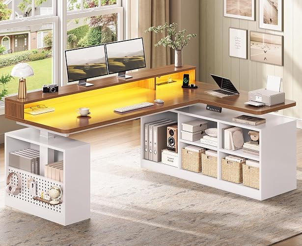 SEDETA 63" L Shaped Electric Standing Desk with Storage, Monitor Stand | L Shaped Gaming Desk with Storage Shelves and LED Lights, Height Adjustable Desk with Power Outlet for Home Office, Brown