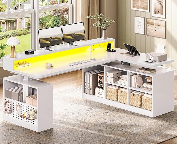 SEDETA L Shaped Electric Corner Standing Desk with Storage, Monitor Stand | 63 inch Height Adjustable Computer Desk with Shelves, Corner Gaming Desk with LED Lights, Power Outlet for Home Office, White
