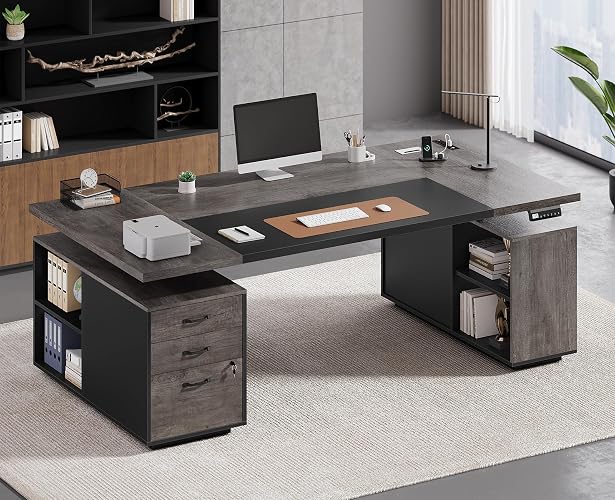 71" Electric Standing Desk with Drawers, Electric Height Adjustable Executive Desk with Lockable File Cabinet, Home Office Desk, Open Storage Compartments, Built-in Power Outlet, Relief Gray+Black