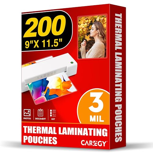 CAREGY Thermal Laminating Pouches, Holds 8.5 x 11 Inch Sheets,200 Pack | 3 Mil, 9 x 11.5 Inches Lamination Sheet Paper for Laminator, Clear, Letter Size, Office and School Supplies