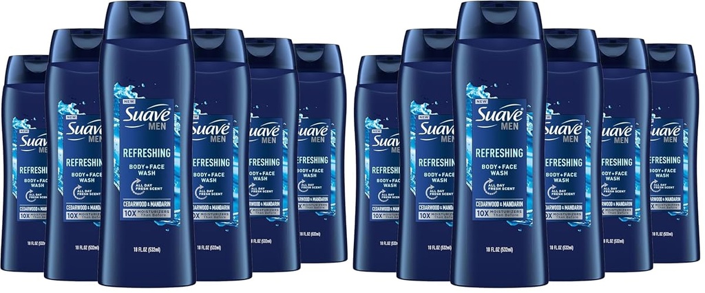 Suave Men Moisturizing Body & Face Wash, With Cedarwood and Mandarin Scent, No Parabens, No Phtahaltes, 18 Oz (Pack of 12)