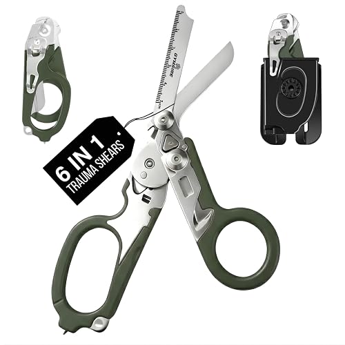 Heavy Duty 6 in 1 Multifunctional Trauma Shears Foldable | Stainless Steel emergency response scissors | Survival Shears with Holster | Medical Trauma shears Tactical With Strap Cutter | Green