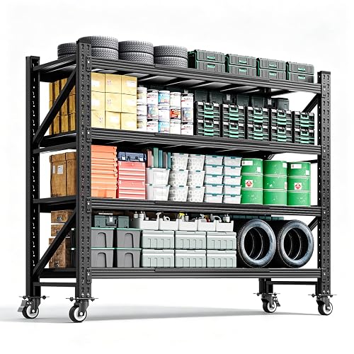 Letaya 4000LBS Heavy Duty Storage Shelves with Wheels,Metal Garage Shelving Units,4 Tier Large Tall Industrial Shelving,Adjustable Utility Rack for Warehouse,Basement (Black, 55" W x 24" D x 76" H)