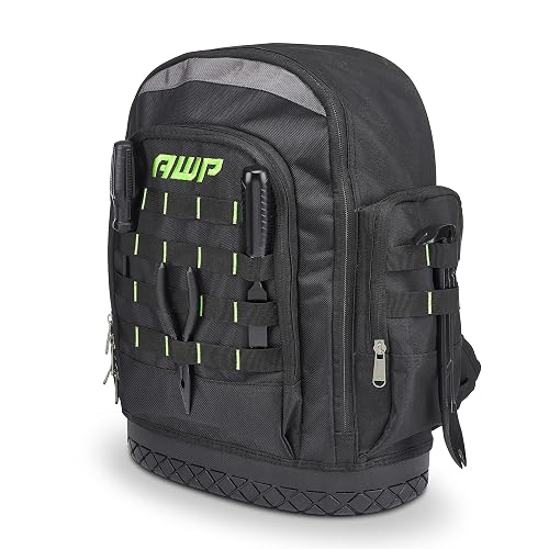 AWP Extreme Tool Backpack, 23 Tool Storage Pouch Pockets, 1 Pack, Black | Rugged Polyester Jobsite Backpack with Waterproof Molded Bases, Jobsite tool storage, Padded Shoulders and Waist Straps