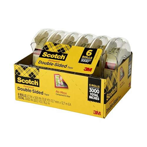 Scotch Double Sided Tape, 1/2 in x 500 in, 6 Dispensered Rolls (Pack of 16, 96 Count Total)