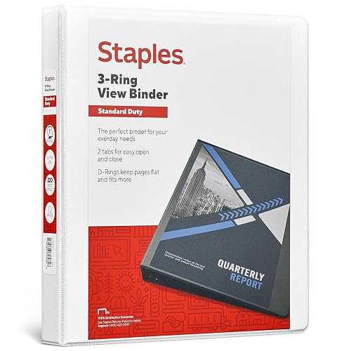 Staples 1-Inch D-Ring View Binder, White, Standard 3-Ring | For school, office, and home document organization and storage.