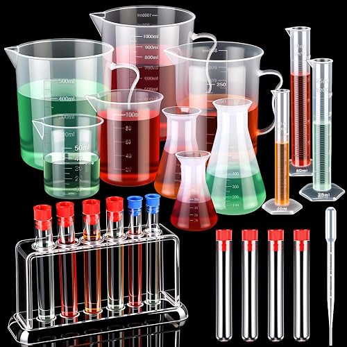 Baderke 28 Pcs Plastic Beakers Test Tubes with Graduated Cylinder Flask | Includes Beakers, Graduated Cylinders, Flasks, Droppers, Test Tubes with Rack, for Home Lab Experiments, Party Demos