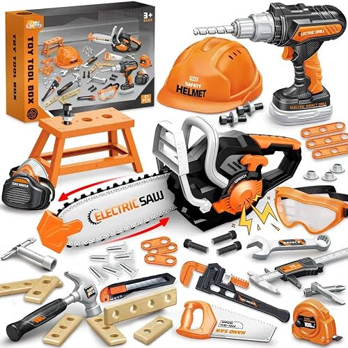 SpringFlower 51Pcs Kids Tool Set, Toddler Tool Set for Kids age3,4,5,6,7,8 | Toy Chainsaw& Electronic Drill Toy, Construction Toys tool, Tool Kit Toy for Christmas Birthday Gifts
