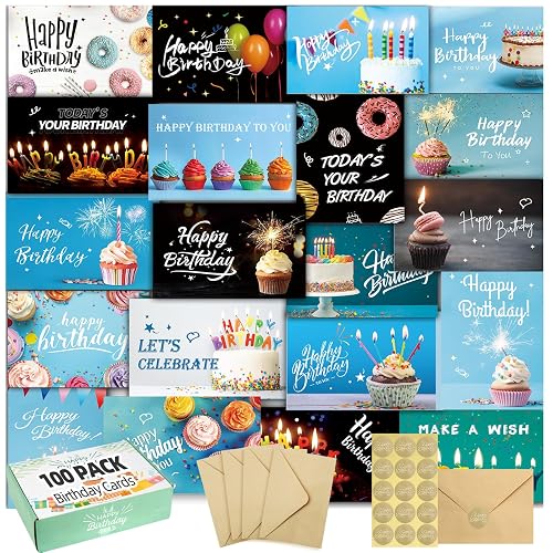 100 Happy Birthday Cards with Envelopes, 20 Unique Designs, Birthday Cards Bulk with Short Generic Message Inside, 4x6 inches, Assorted Birthday Cards Assortment for Business, Office and Personal