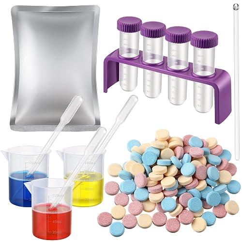 Dunkive Color Science Kit, 120 Fizzing Tablets, Test Tubes and Beakers | Red, Yellow and Blue Tablets, Mix 3 Primary Colors, 4 Test Tubes, 3 Beakers, 3 Droppers, Stirring Stick