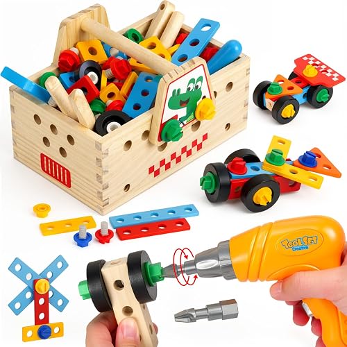 54PCS Kids Tool Set with Drill, Wooden Montessori Toddler Toys Tools for 3+ | Educational STEM Kid Tools with Box for Pretend & Fine Motor Skills,Construction Toys for Boys Girls Christmas Birthday Gifts