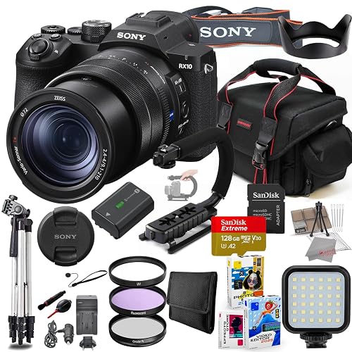 Sony RX10 V Digital Camera Bundle + 128GB Extreme Memory Accessory Package Including LED Light, Filters, Case, Tripod, U-Grip, Software and More (27 Items)