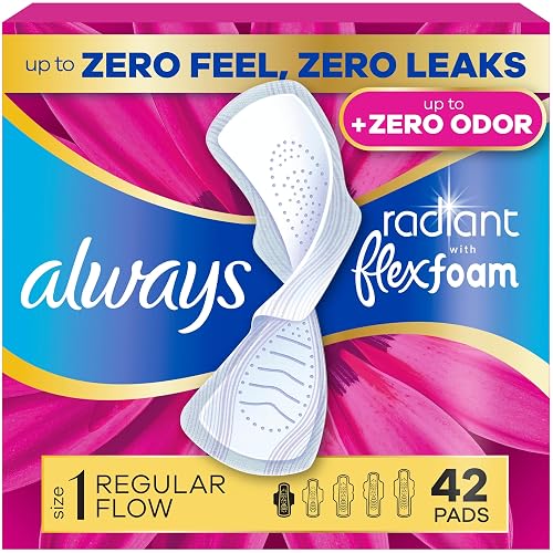 Always Radiant with FlexFoam Pads for Women, Size 1, Regular Pad with Wings, Scented, Up to Zero Feel, Zero Leaks, 42 Count
