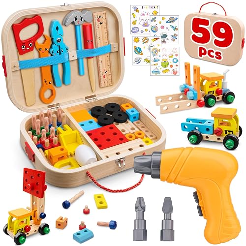 59Pcs Kids Tool Set with Electric Drill, Montessori Wooden Toys Kit | STEM Construction Building Toys, Educational Play Box, Christmas Birthday Gifts for 3 4 5 6 Year Old Boys Girls Toddlers