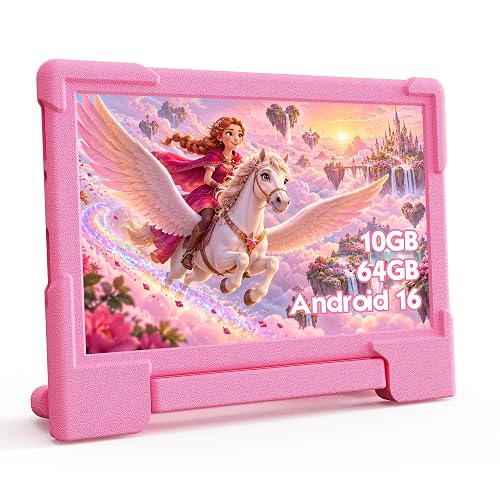 YosaToo Kids Tablet 10" Android 16 with Case 10(3+7) GB 64GB for Kids 3-12 | Toddler Tablet Preinstalled Offline Kids Software, Youtube, Kids Space, Parental Control, Protective Case, Wifi 6, 6000mah