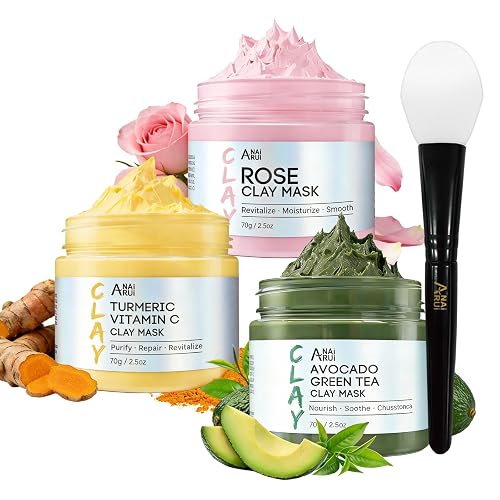 ANAI RUI 3 Pack Clay Mask Set, Rose,Turmeric, Avocado 2.5 oz Each | Rose for Smooth Skin, Turmeric for Glow, Avocado for Oil Control, Weekly Spa Self-Care for Women Teens