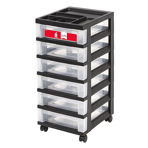 IRIS USA 6-Drawer Rolling Storage Cart, Black/Clear | Keep classroom supplies, teacher essentials, craft materials, and learning tools organized with easy-access drawers.