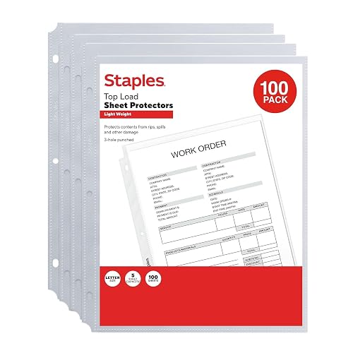 Staples Lightweight Sheet Protectors, 8.5x11 Inch, Clear, 100-Pack | Top-loading pages for standard 3-ring binders and document storage.
