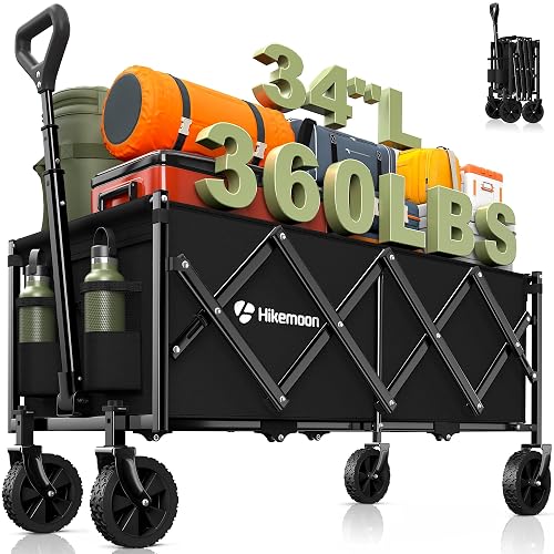 HIKEMOON 34'' Extra Long Folding Portable Wagon Cart, 120L 360LBS Black | Wagons Carts Foldable, Heavy Duty, Collapsible Compact Storage, Utility for Shopping/Grocery/Garden/Camping/Sports