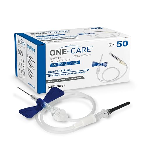 ONE-CARE 23Ga 3/4'', 12'' Tube, Luer Adapter, 50 Set REF 5061 | Luer Adapter, For Measuring, Industrial Lab Supplies, Individually Packaged, PushButton Activation, Convenient Lock Mechanism