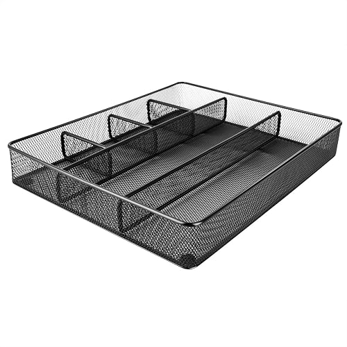 Amazon Basics Metal Mesh Desk Organizer with 6 Compartments, Anti-Slip Pen Holder Storage Tray for Office Supplies and Home, Black