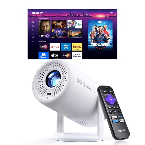 Boldever Roku TV 1080P FHD Mini Smart Projector with Wi-Fi and Bluetooth | Supports Netflix, YouTube, Disney+, Paramount+, 10000+ Channels, TOF Auto Focus, Auto Keystone, Zoom