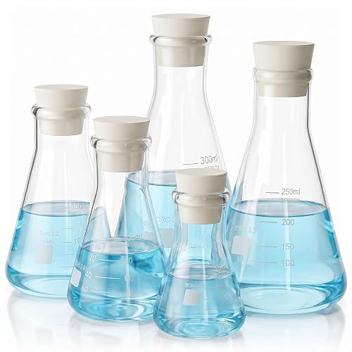 SOUJOY Set of 5 Glass Erlenmeyer Flasks with Rubber Stoppers, Narrow Mouth | 3.3 Borosilicate Conical Flask, Heat Resistant, 300/250/150/100/50ml Set, Lab Chemistry Use