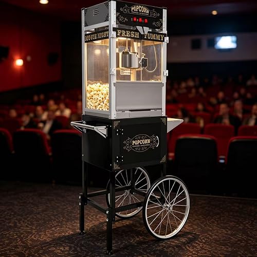24Oz Commercial Popcorn Machine With Wheels, Black | Stainless steel kettle, easy to use, 3 push button control, for home movie theater, Christmas friend gathering office party