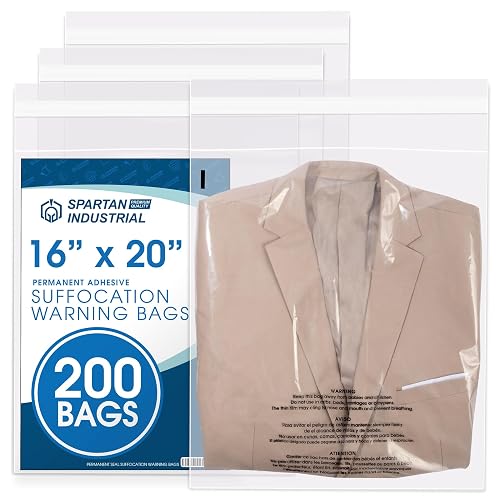 16" X 20" (200 Count) Self-Seal Clear Poly Bags With Suffocation Warning | for Packaging, Blankets, Clothing - Permanent Adhesive - Spartan Industrial