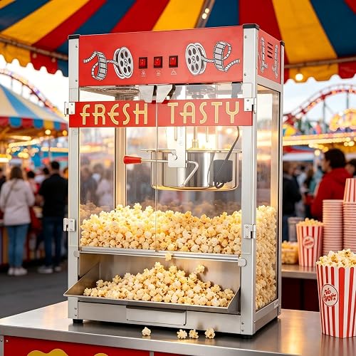 Commercial Popcorn Machine With 42 OZ - Tabletop Popcorn Maker Machine with Stainless Steel Kettle, 3-Switch Control, Removable Crumb Tray, for Home, Theater, Parties, Office, School, Business, Red