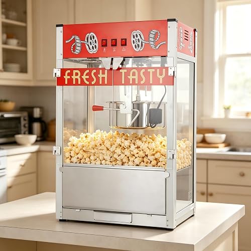 Commercial Popcorn Machine With 32OZ - Tabletop Popcorn Maker Machine with Stainless Steel Kettle, 3-Switch Control, Removable Crumb Tray, for Home, Theater, Parties, Office, School, Business, Red
