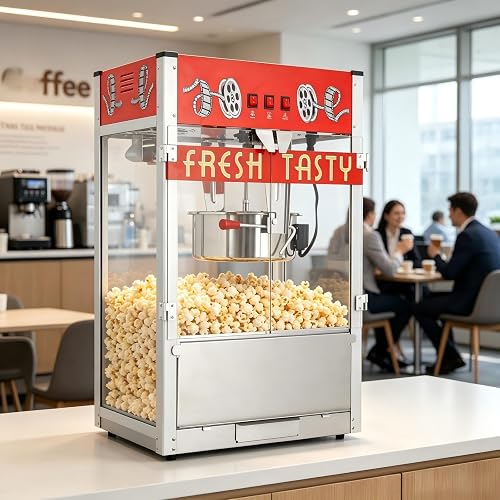 Wertyuizk 32oz Countertop Commercial Popcorn Machine, Red Theater Style | Theater-Style Popper, 100+ Cups per Batch, 3-Switch Warmer/Stirrer/Heater, Removable Crumb Tray, for Business, home users