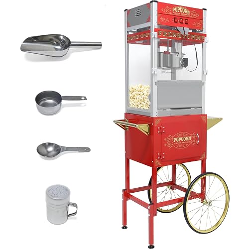 Commercial Popcorn Machine with Cart 32oz - Vintage Movie Theater Style Popper with Stainless Steel Kettle, Wheels, Tempered Glass & Warming Drawer, for Home, Parties, Events,Schools, Office Use, Red