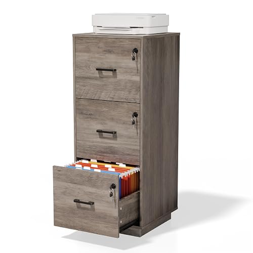VINGLI 3 Drawer File Cabinet with Lock, Home Office Filing Organizer, for Letter Size File Folder Storage, Wood Tall Vertical Filing Cabinet, Printer Stand, Archivador (Rustic Gray)