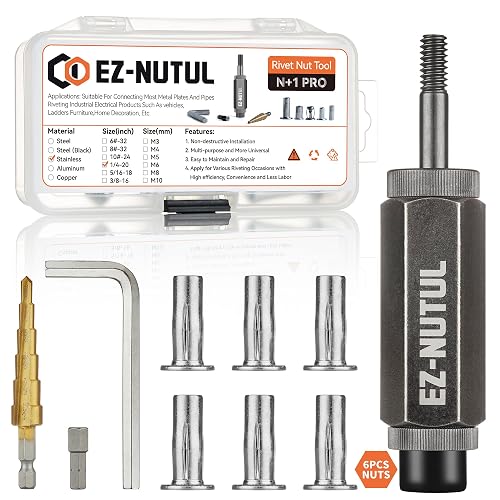 Multi-Grip Rivet Nut Installation Tool Set Pre-Bulbed Shank Flat Head Threaded Insert Nut Plus Nuts Assortment Kit Cross Rivnut for Construction Industrial (1/4-20(Plus Nut Tool-6pcs, Stainless))