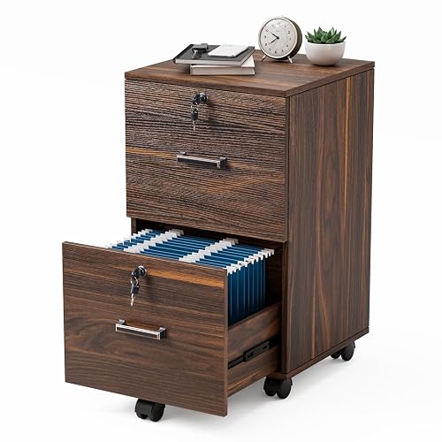 VINGLI 2 Drawer File Cabinet with Lock, Wood Dark Brown File Cabinets for Letter Size File Folders with Tabs, Under Desk Rolling Filing Cabinet for Home Office, Mobile File Organizer Printer Stand