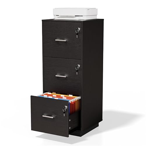 VINGLI 3 Drawer File Cabinet with Lock, Home Office Filing Organizer, for Letter Size File Folder Storage, Wood Tall Vertical Filing Cabinet, Printer Stand, Archivador (Black)