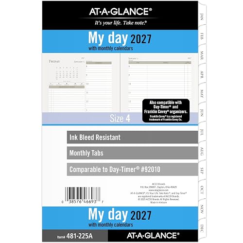 AT-A-GLANCE 2027 Planner Refill Daily & Monthly, 5.5" x 8.5", Desk Size 4, Two Page Per Day Refill, 7-Ring Loose-Leaf (481-225A-27)
