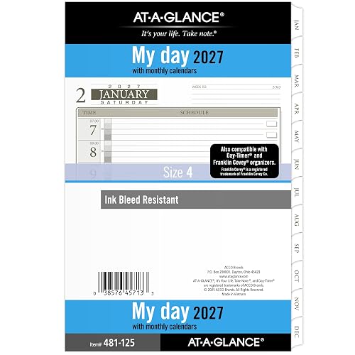 AT-A-GLANCE 2027 Planner Refill Daily, 5.5" x 8.5", Desk Size 4, One Page Per Day Refill, 7-Ring Loose-Leaf (481-125-27)