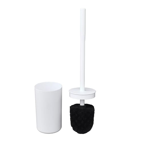 Plastic Toilet Brush and Ceramic Holder for Bathroom Cleaning, White | Cylindrical Canister, 3.31 In Dia x 15.86 In H, Wipe Clean, 2-Piece Set, Lightweight 0.45 lb